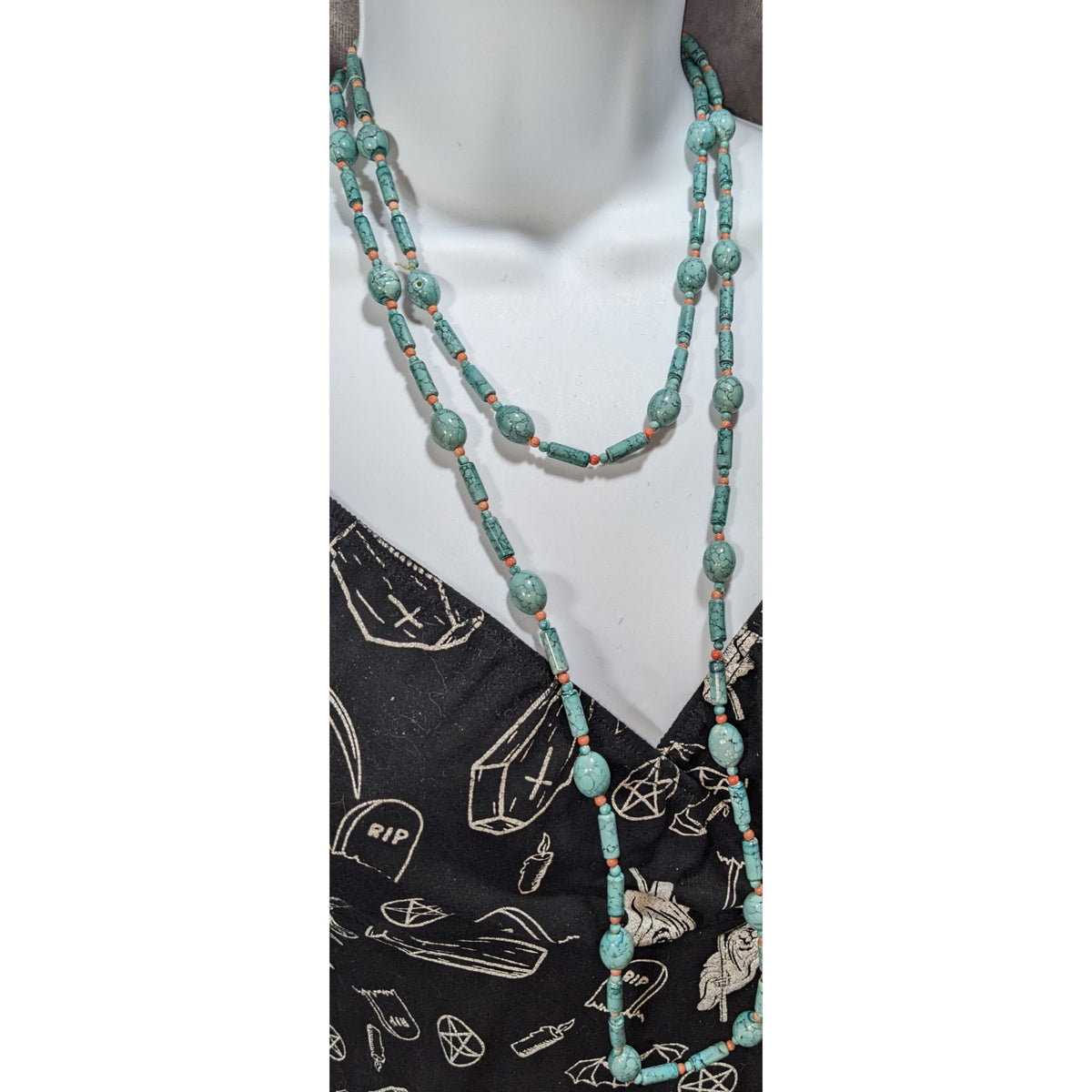 Boho Southwestern Faux Turquoise Orange Beaded Necklace 54 Inch