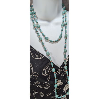 Boho Southwestern Faux Turquoise Orange Beaded Necklace 54 Inch