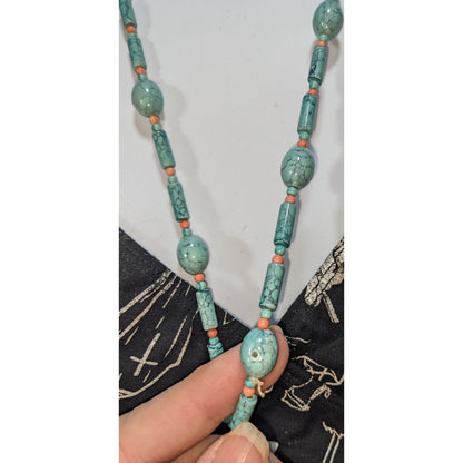 Boho Southwestern Faux Turquoise Orange Beaded Necklace 54 Inch