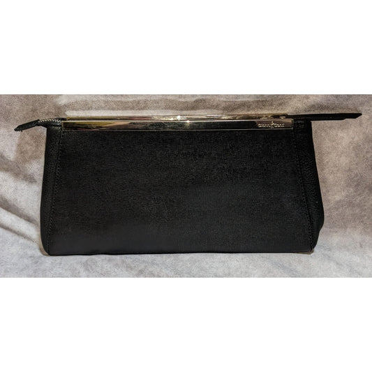 Gianni Conti Black Leather Clutch Purse With Silver Accent Bar & Detachable Strap
