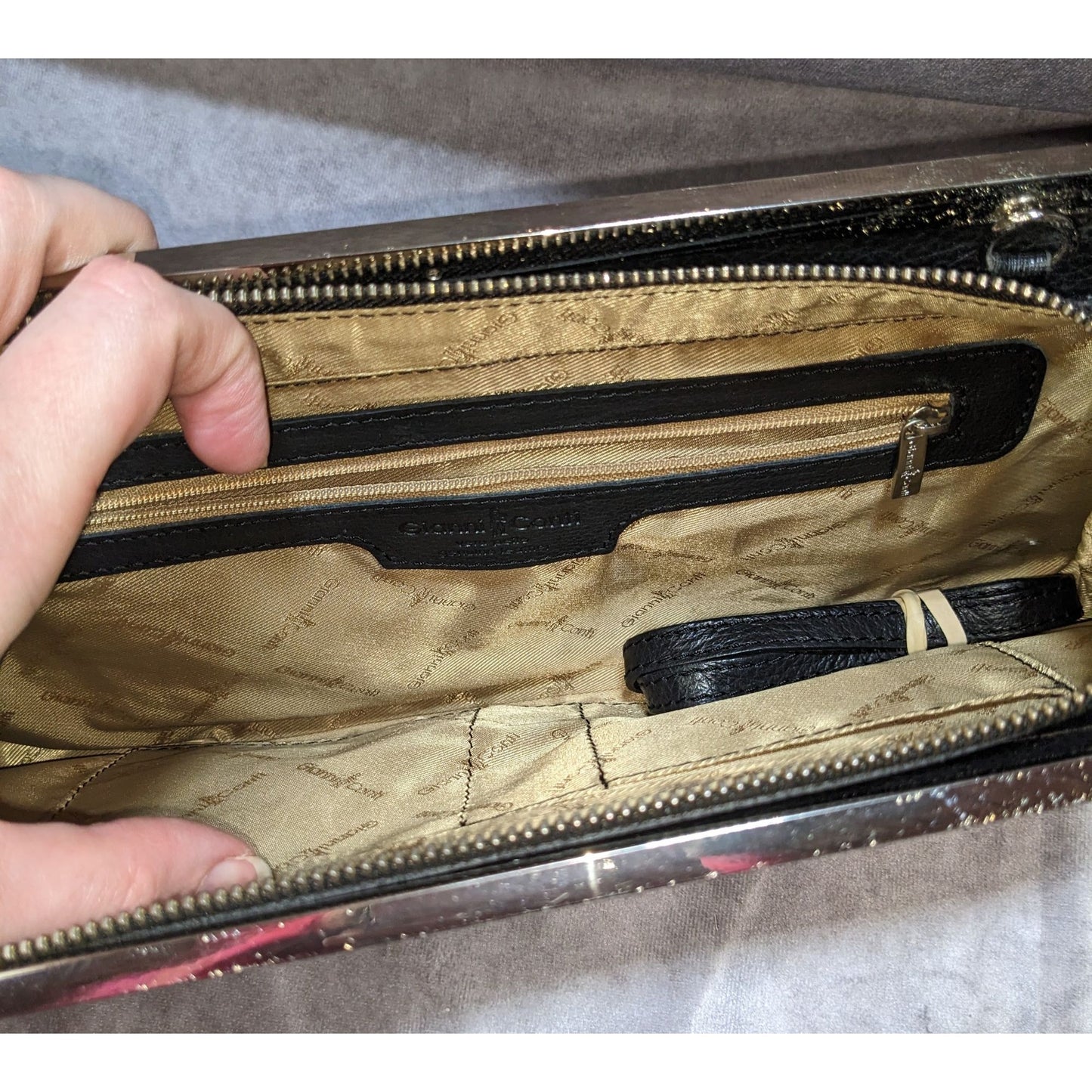 Gianni Conti Black Leather Clutch Purse With Silver Accent Bar & Detachable Strap
