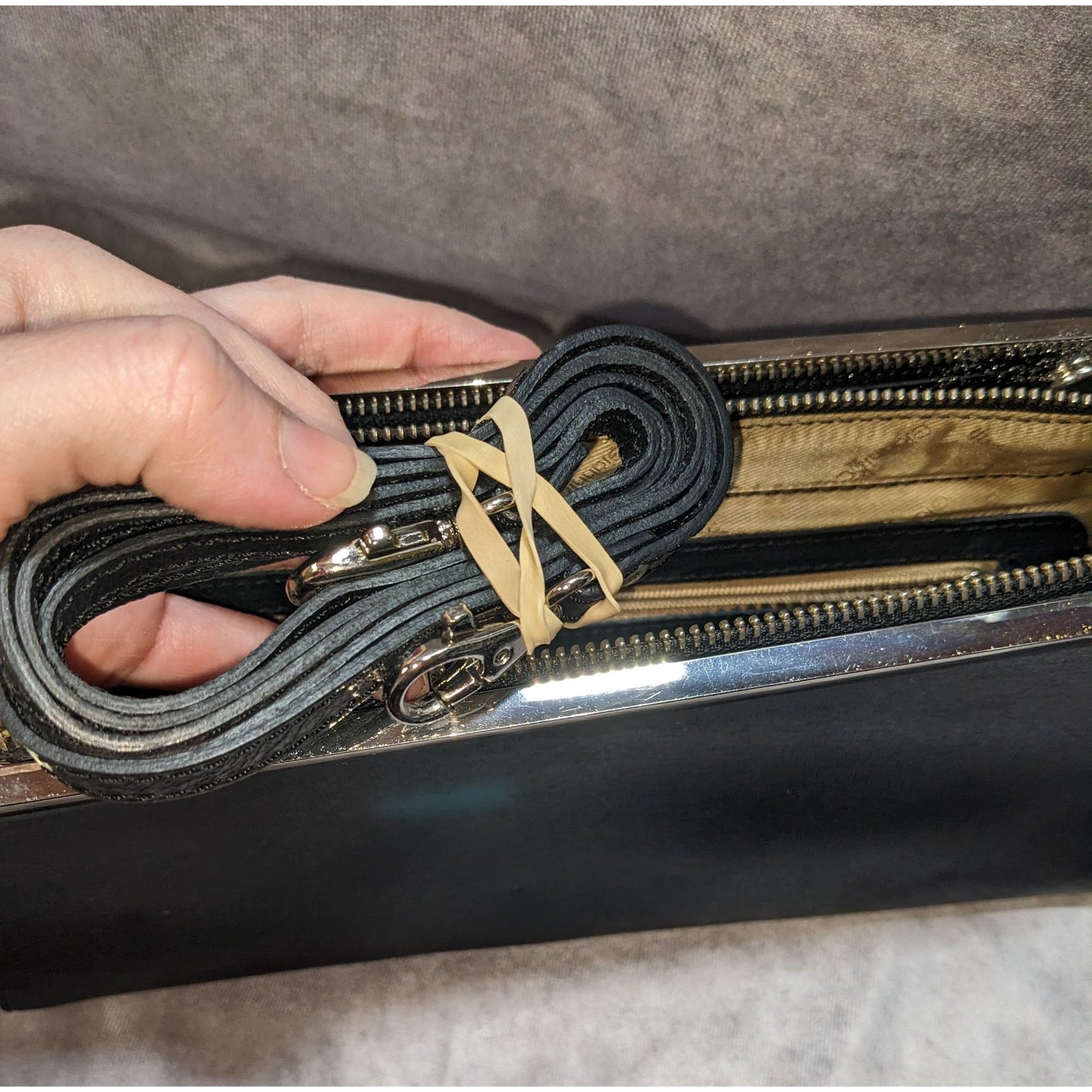 Gianni Conti Black Leather Clutch Purse With Silver Accent Bar & Detachable Strap