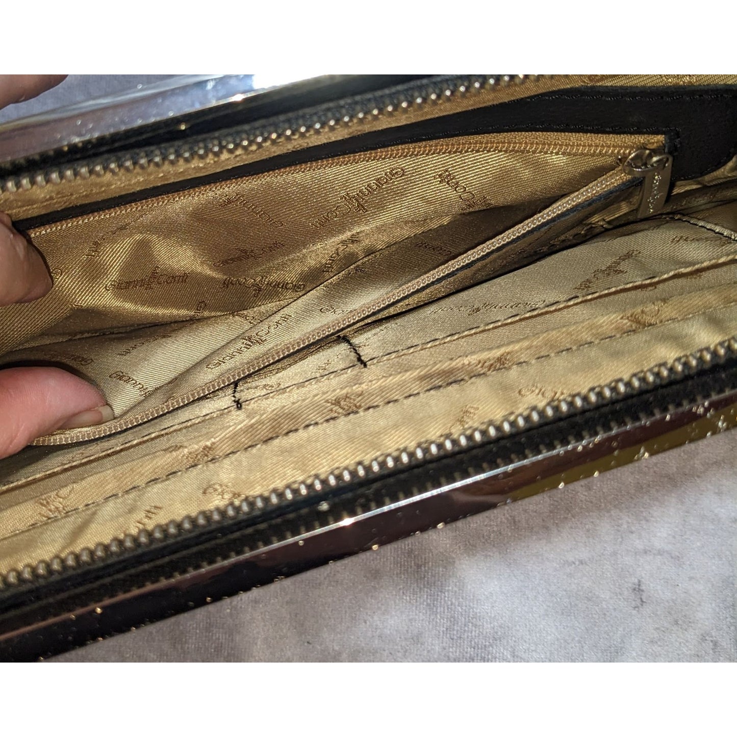 Gianni Conti Black Leather Clutch Purse With Silver Accent Bar & Detachable Strap
