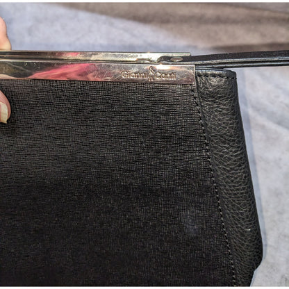 Gianni Conti Black Leather Clutch Purse With Silver Accent Bar & Detachable Strap