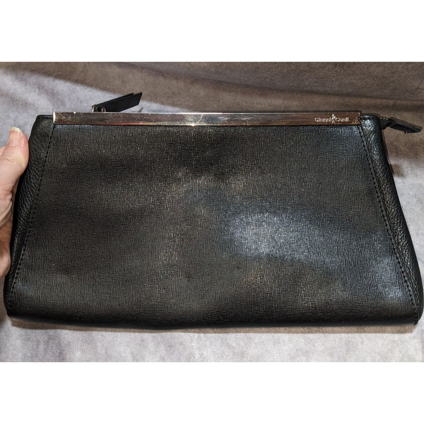 Gianni Conti Black Leather Clutch Purse With Silver Accent Bar & Detachable Strap