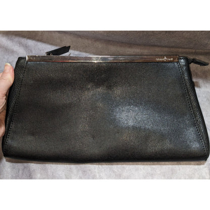 Gianni Conti Black Leather Clutch Purse With Silver Accent Bar & Detachable Strap