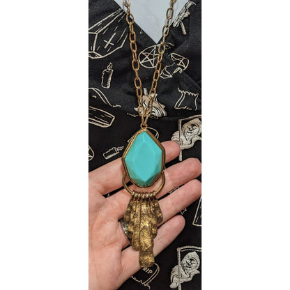 Alma & Co Marina Boho Turquoise Gold Tone Fringe Pendant Statement Necklace