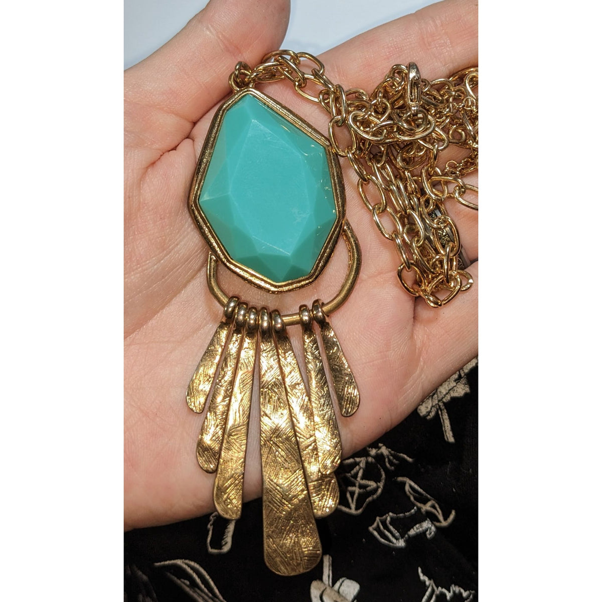 Alma & Co Marina Boho Turquoise Gold Tone Fringe Pendant Statement Necklace