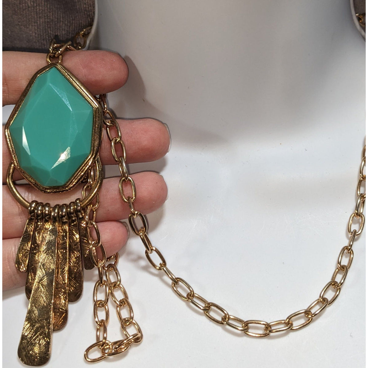 Alma & Co Marina Boho Turquoise Gold Tone Fringe Pendant Statement Necklace