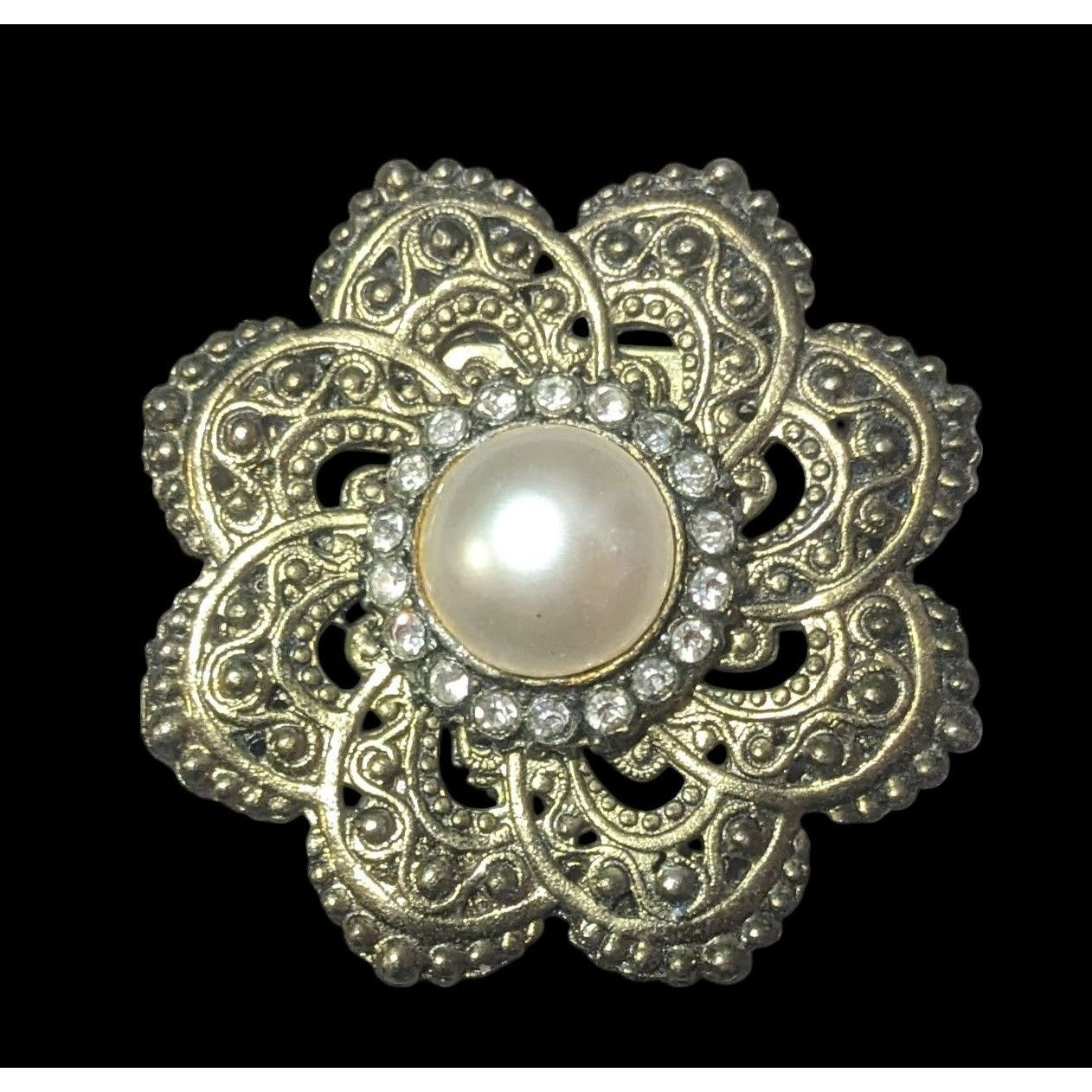 Vintage Floral Gold Tone Rhinestone Faux Pearl Brooch