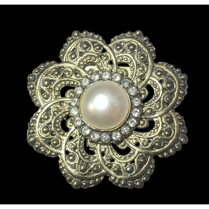 Vintage Floral Gold Tone Rhinestone Faux Pearl Brooch