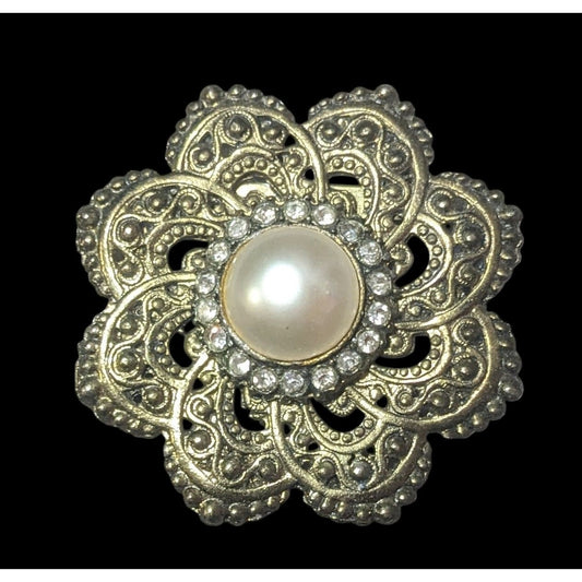Vintage Floral Gold Tone Rhinestone Faux Pearl Brooch