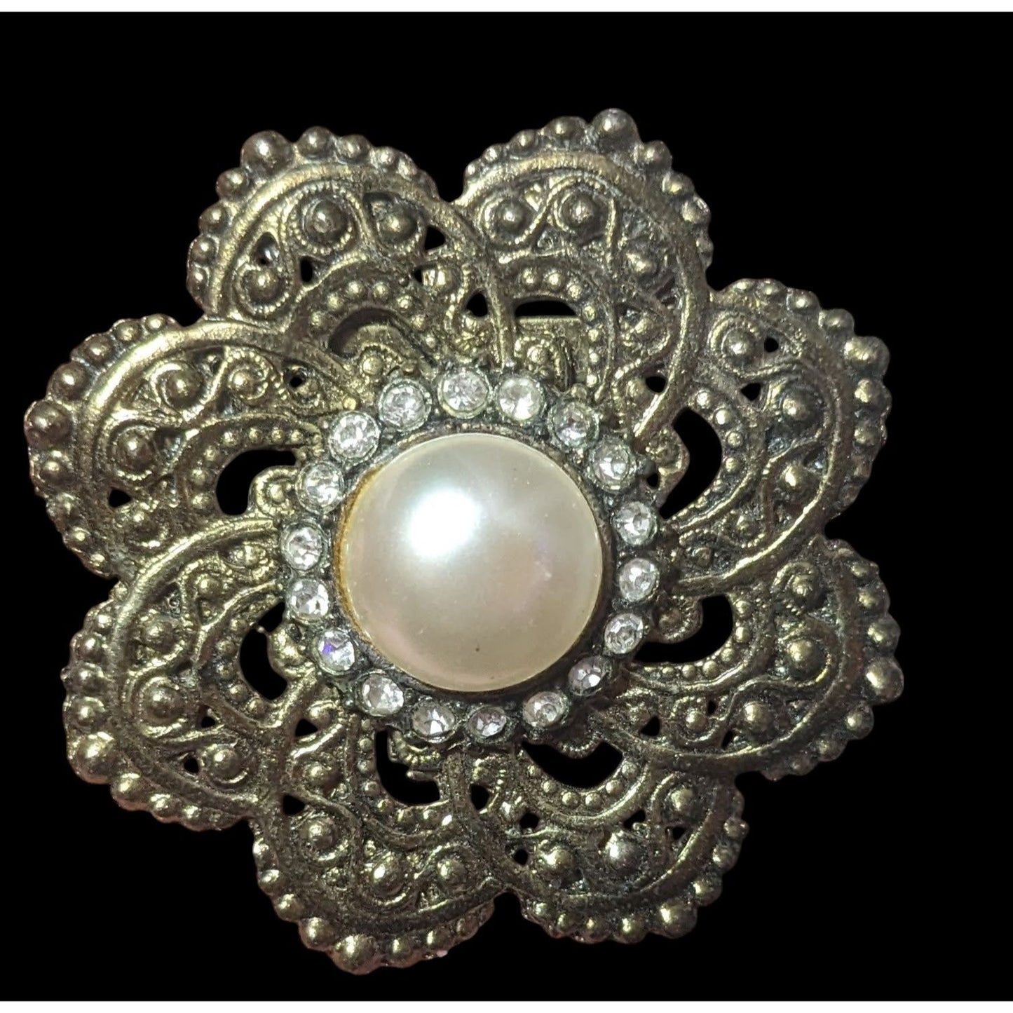 Vintage Floral Gold Tone Rhinestone Faux Pearl Brooch
