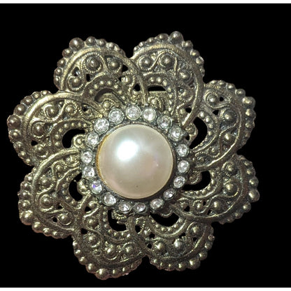 Vintage Floral Gold Tone Rhinestone Faux Pearl Brooch
