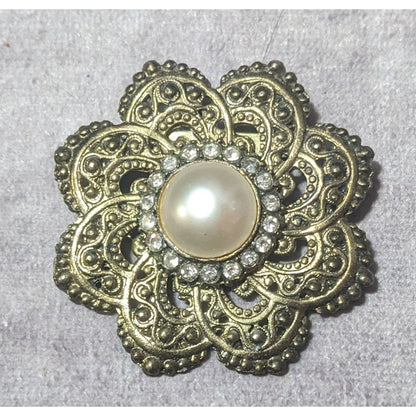 Vintage Floral Gold Tone Rhinestone Faux Pearl Brooch