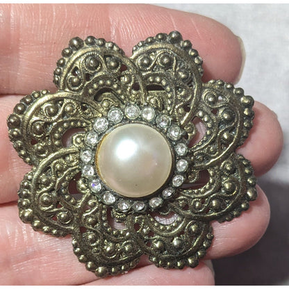 Vintage Floral Gold Tone Rhinestone Faux Pearl Brooch