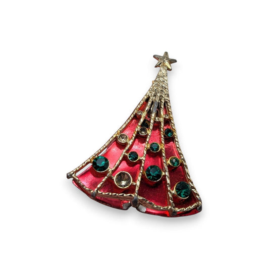 B.J. Vintage 70s Rhinestone Red Gold Tone Christmas Tree Brooch 2 Inch As Is