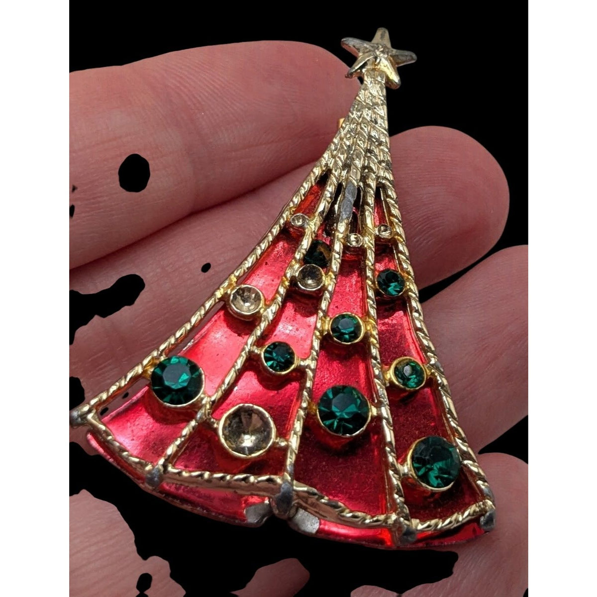 B.J. Vintage 70s Rhinestone Red Gold Tone Christmas Tree Brooch 2 Inch As Is