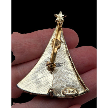 B.J. Vintage 70s Rhinestone Red Gold Tone Christmas Tree Brooch 2 Inch As Is