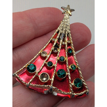 B.J. Vintage 70s Rhinestone Red Gold Tone Christmas Tree Brooch 2 Inch As Is