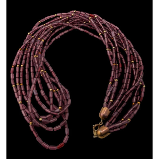 Vintage Bohemian Multistrand Purple Beaded Necklace With Gold Tone Accents