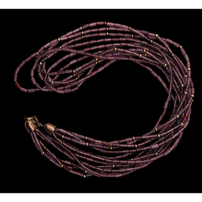 Vintage Bohemian Multistrand Purple Beaded Necklace With Gold Tone Accents