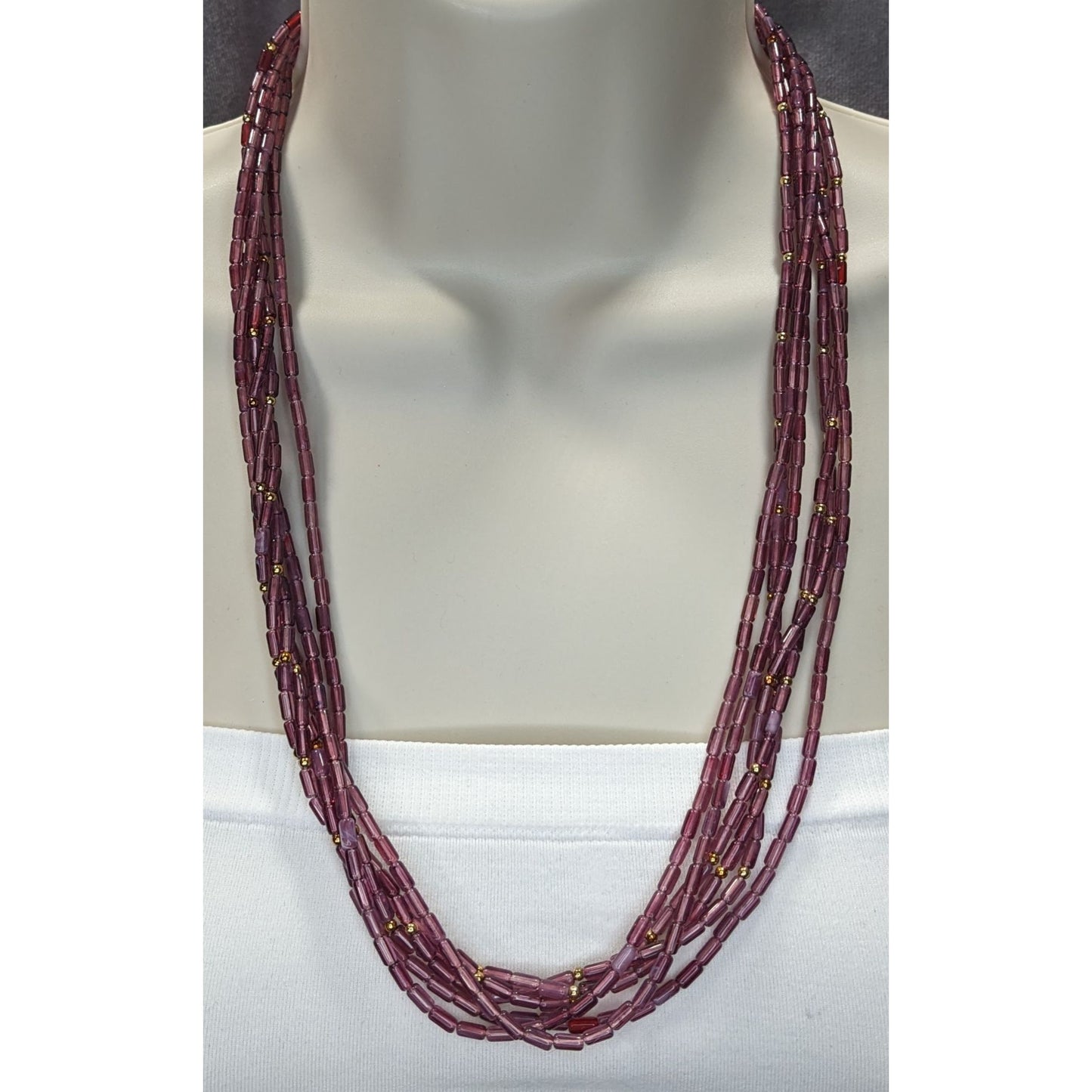 Vintage Bohemian Multistrand Purple Beaded Necklace With Gold Tone Accents