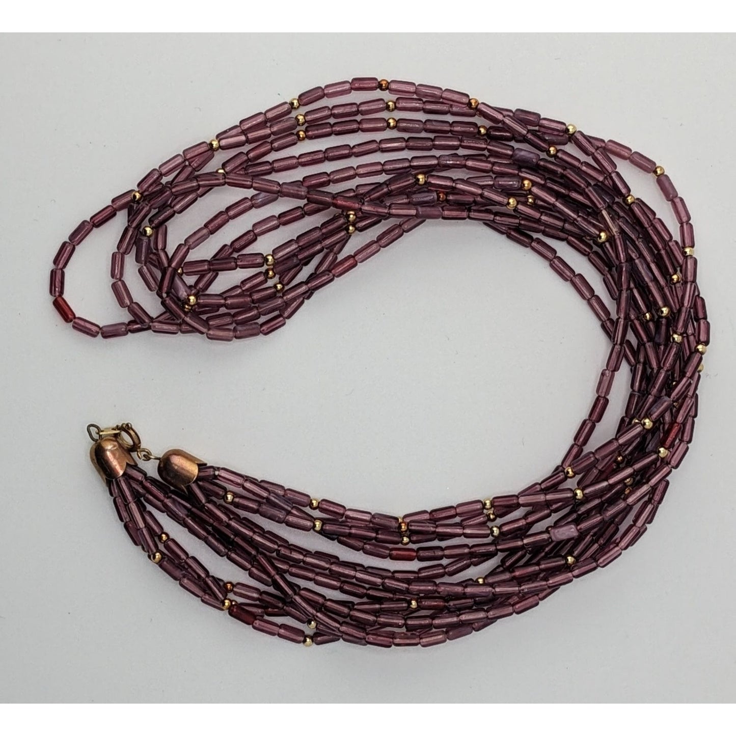 Vintage Bohemian Multistrand Purple Beaded Necklace With Gold Tone Accents