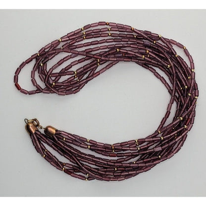 Vintage Bohemian Multistrand Purple Beaded Necklace With Gold Tone Accents