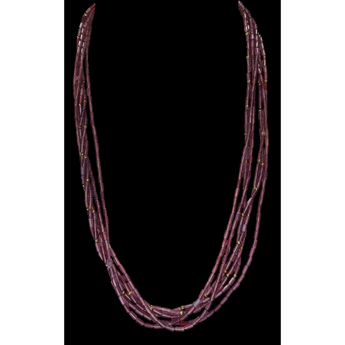 Vintage Bohemian Multistrand Purple Beaded Necklace With Gold Tone Accents
