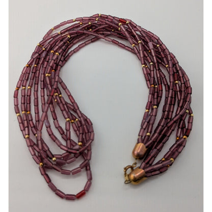 Vintage Bohemian Multistrand Purple Beaded Necklace With Gold Tone Accents