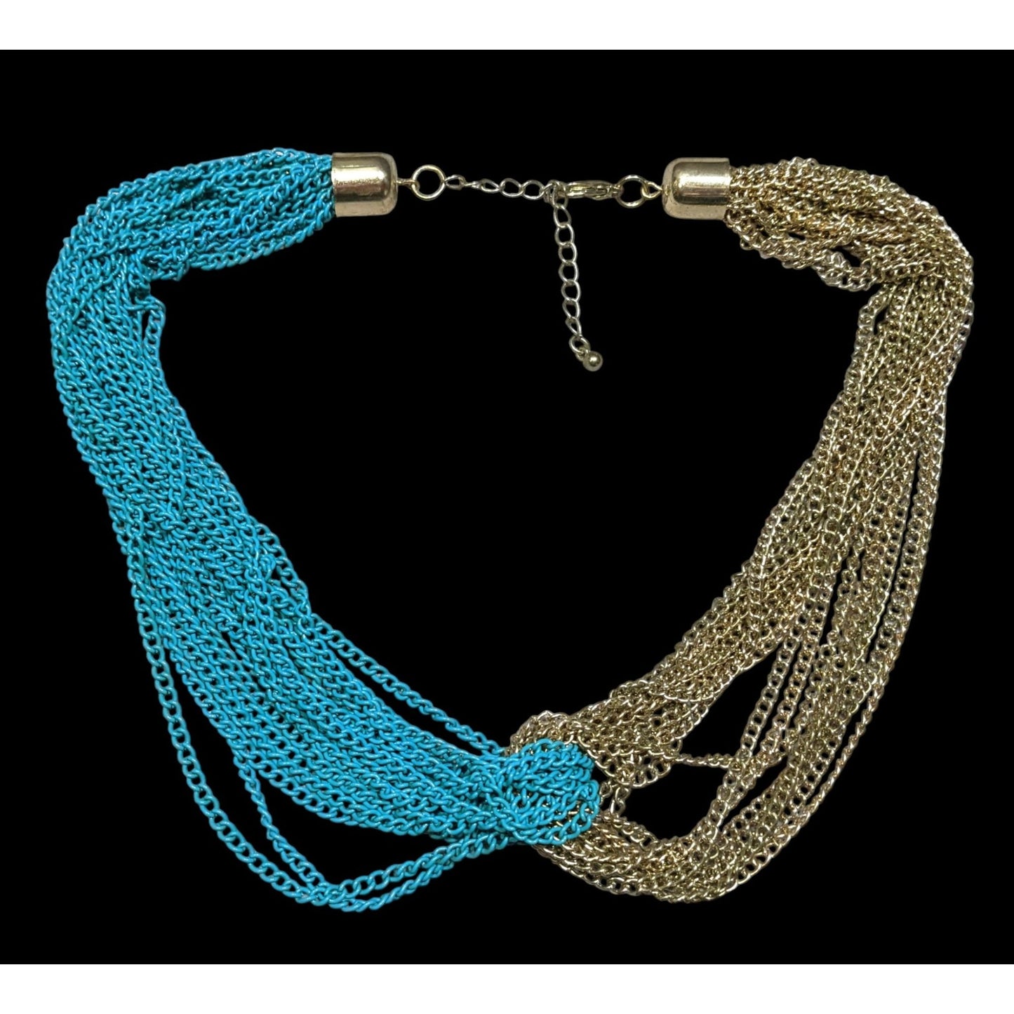 Vintage 80s Two-Tone Gold & Teal Multi-Strand Chain Statement Necklace