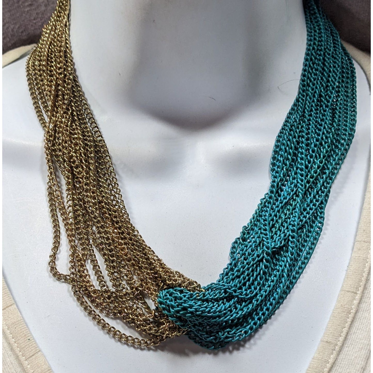 Vintage 80s Two-Tone Gold & Teal Multi-Strand Chain Statement Necklace