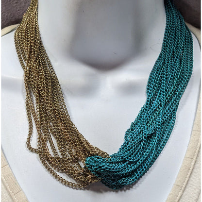 Vintage 80s Two-Tone Gold & Teal Multi-Strand Chain Statement Necklace