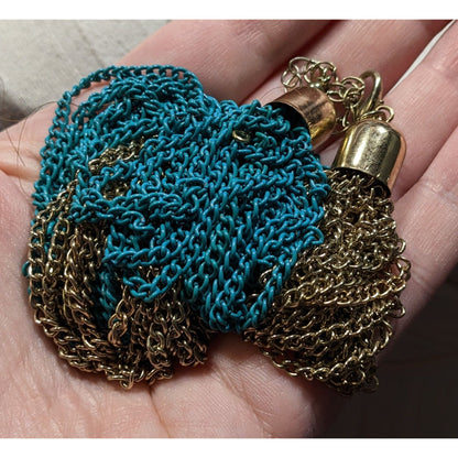 Vintage 80s Two-Tone Gold & Teal Multi-Strand Chain Statement Necklace