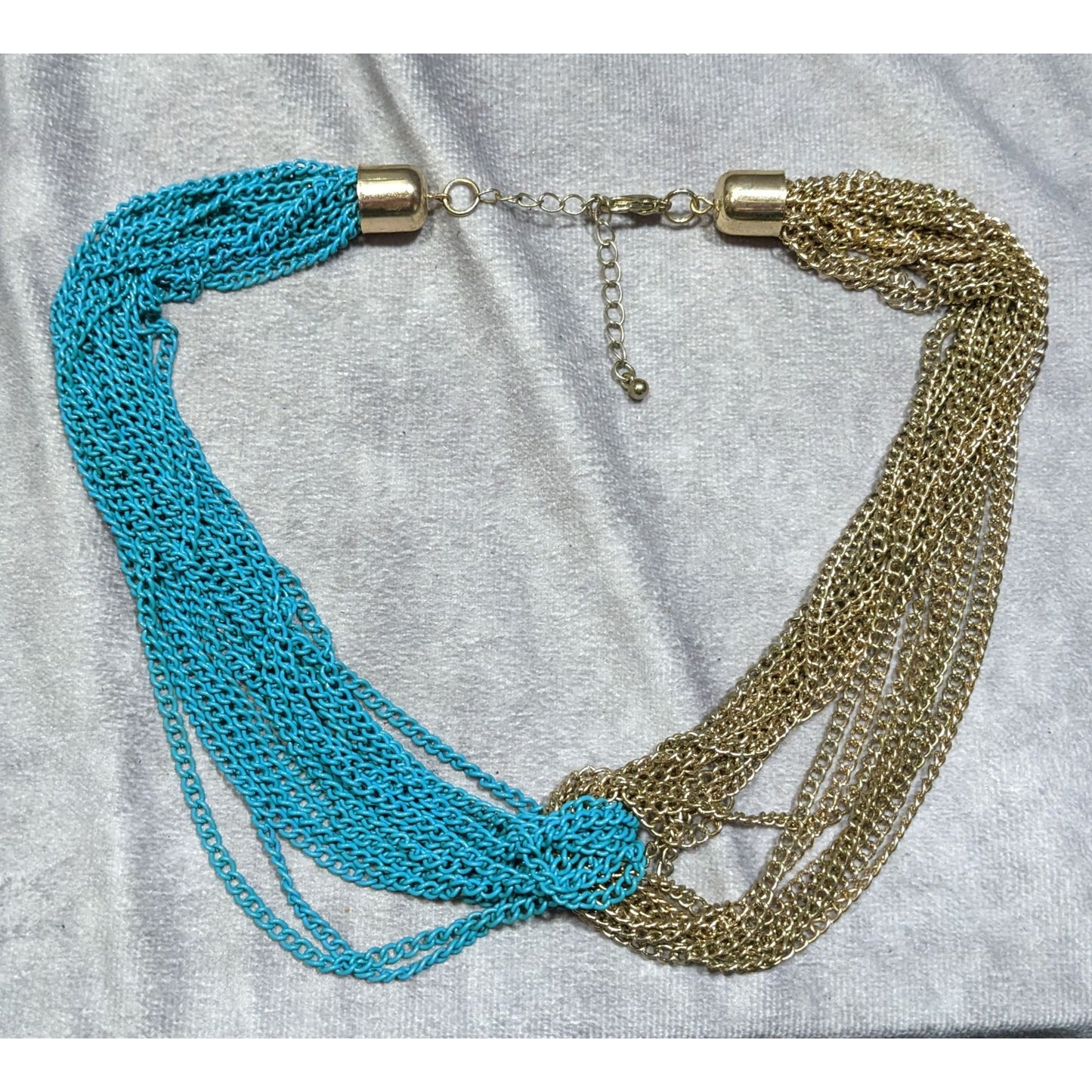 Vintage 80s Two-Tone Gold & Teal Multi-Strand Chain Statement Necklace