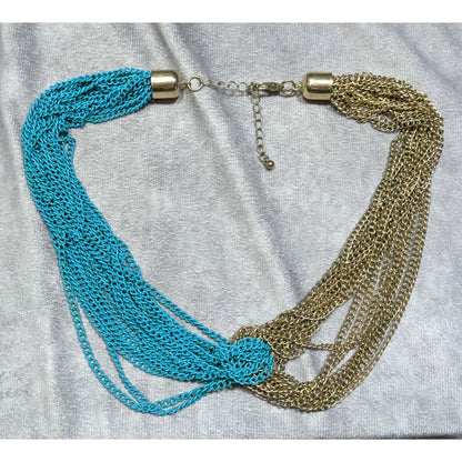 Vintage 80s Two-Tone Gold & Teal Multi-Strand Chain Statement Necklace