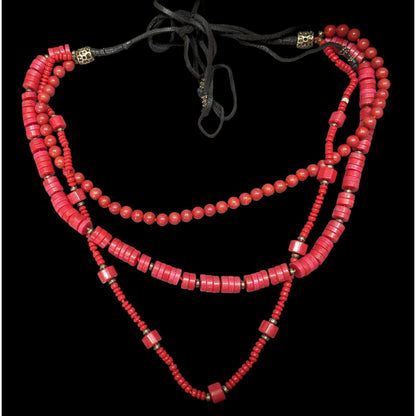 Vintage Red Stone And Glass Layered Tie-On Necklace
