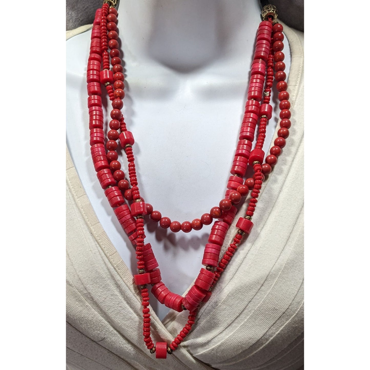 Vintage Red Stone And Glass Layered Tie-On Necklace
