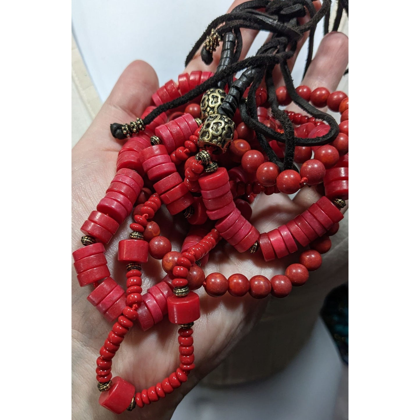 Vintage Red Stone And Glass Layered Tie-On Necklace