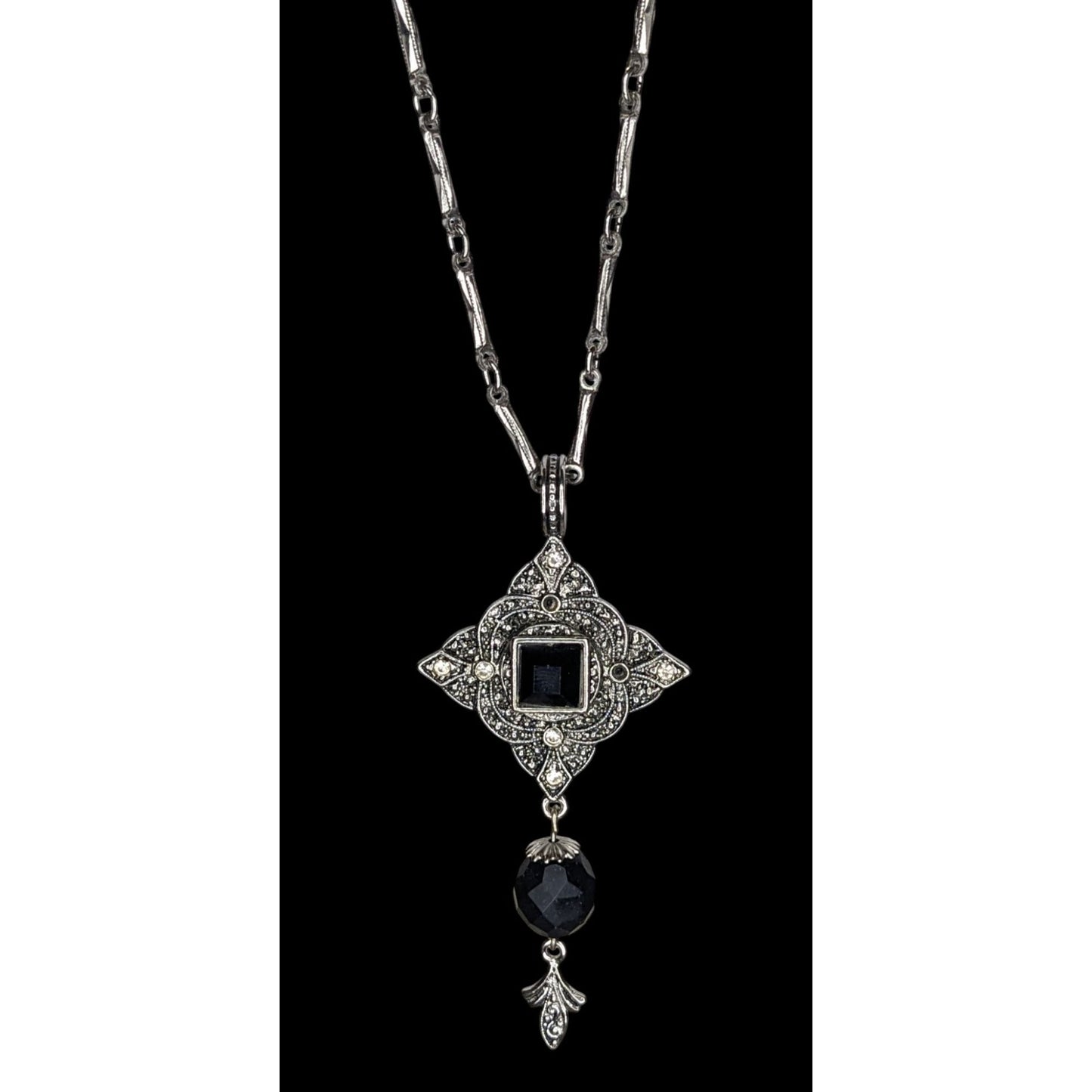 Vintage Gothic Art Deco Silver Tone Necklace With Ornate Pendant & Black Faceted Accents