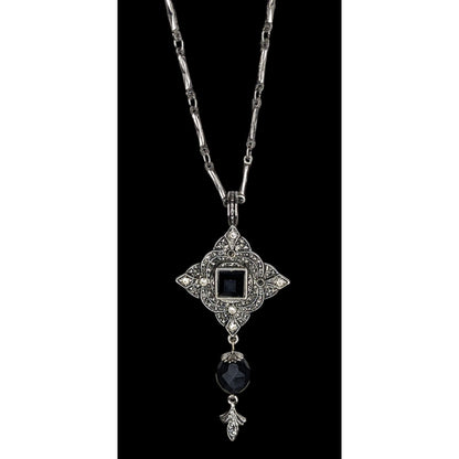 Vintage Gothic Art Deco Silver Tone Necklace With Ornate Pendant & Black Faceted Accents