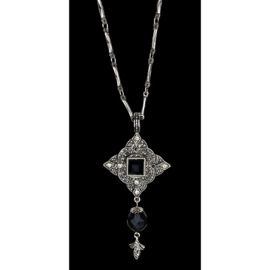 Vintage Gothic Art Deco Silver Tone Necklace With Ornate Pendant & Black Faceted Accents