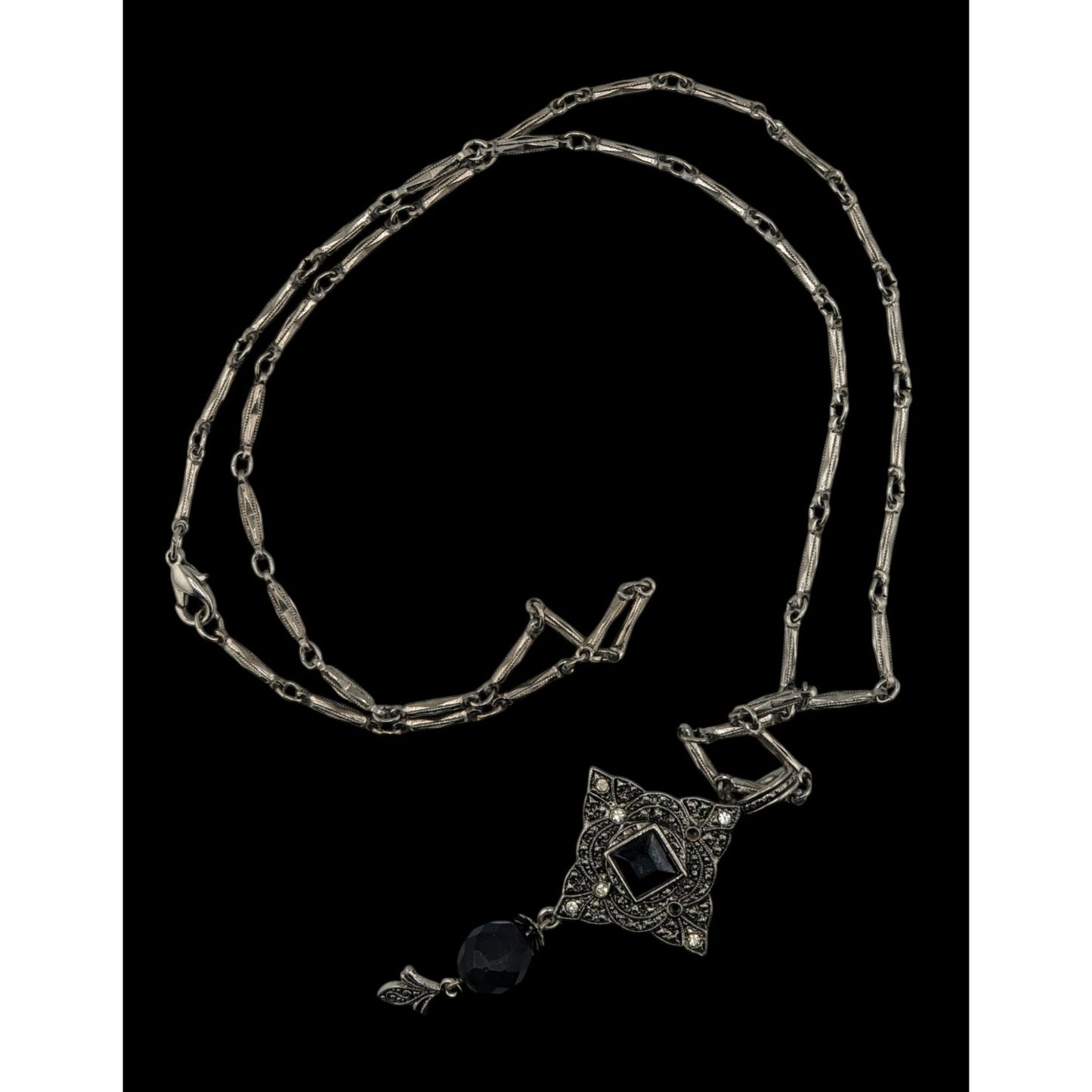 Vintage Gothic Art Deco Silver Tone Necklace With Ornate Pendant & Black Faceted Accents
