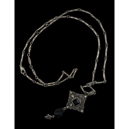 Vintage Gothic Art Deco Silver Tone Necklace With Ornate Pendant & Black Faceted Accents