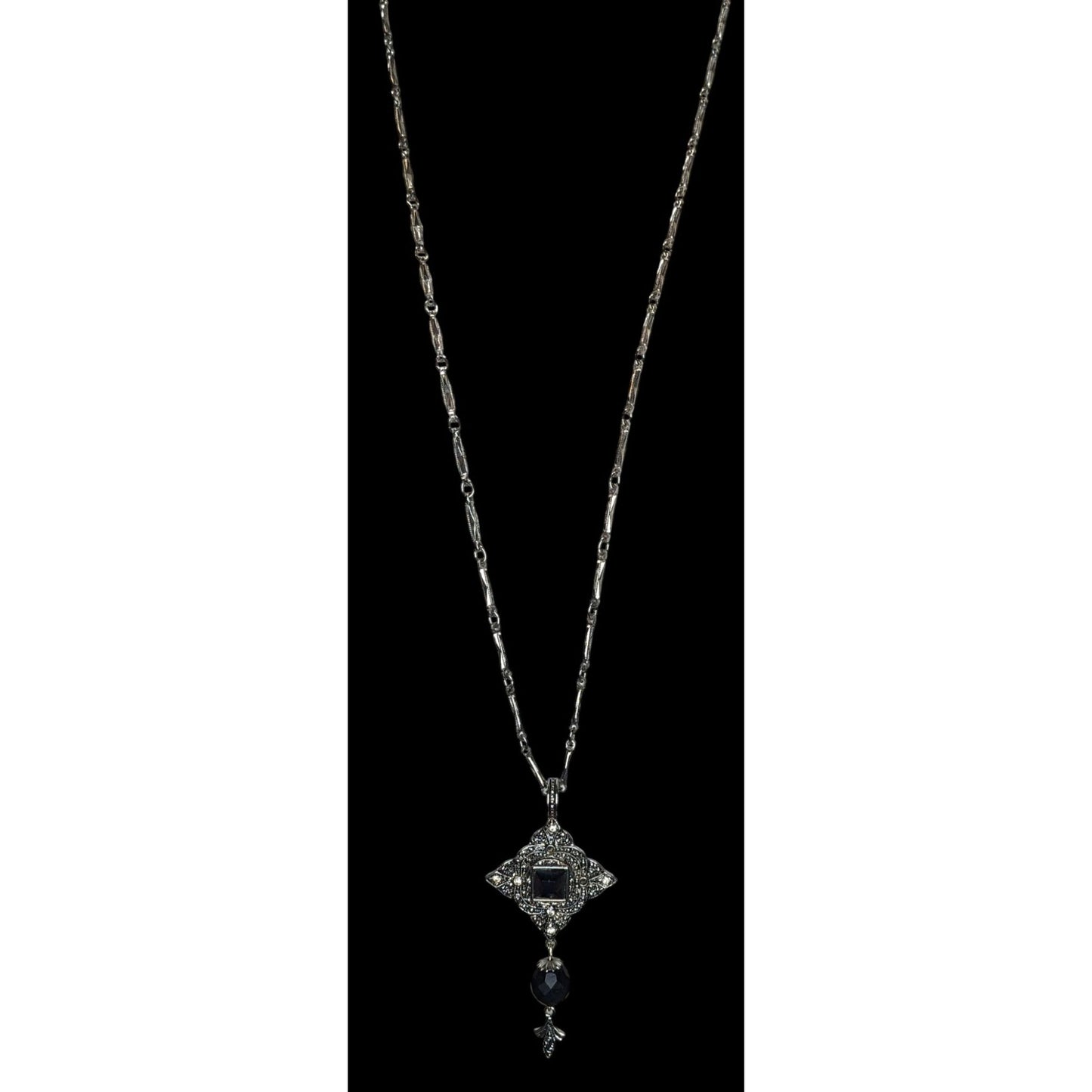 Vintage Gothic Art Deco Silver Tone Necklace With Ornate Pendant & Black Faceted Accents