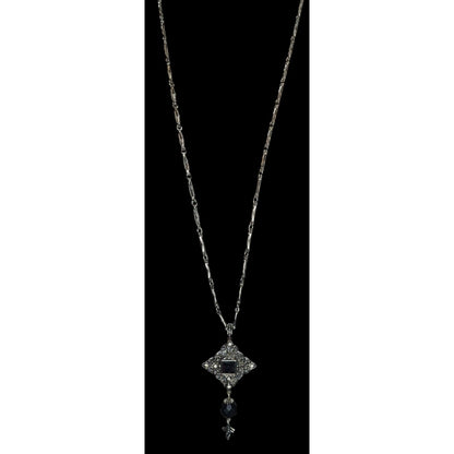 Vintage Gothic Art Deco Silver Tone Necklace With Ornate Pendant & Black Faceted Accents