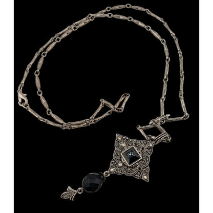 Vintage Gothic Art Deco Silver Tone Necklace With Ornate Pendant & Black Faceted Accents