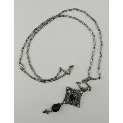Vintage Gothic Art Deco Silver Tone Necklace With Ornate Pendant & Black Faceted Accents
