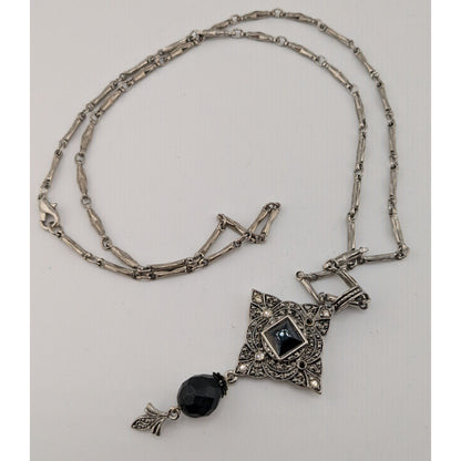 Vintage Gothic Art Deco Silver Tone Necklace With Ornate Pendant & Black Faceted Accents